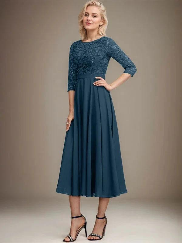 A-line Scoop Tea-Length Lace Chiffon Mother of the Bride Dress With Sequins by Dreamylily
