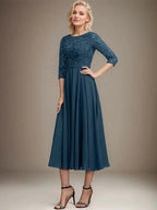 A-line Scoop Tea-Length Lace Chiffon Mother of the Bride Dress With Sequins by Dreamylily