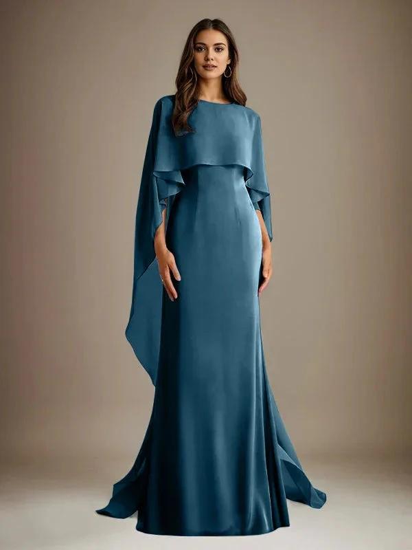 Sheath/Column Boatneck Floor-Length Chiffon Mother of the Bride Dress With Cascading Ruffles by Dreamylily