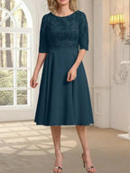 A-line Scoop Knee-Length Lace Chiffon Mother of the Bride Dress by Dreamylily