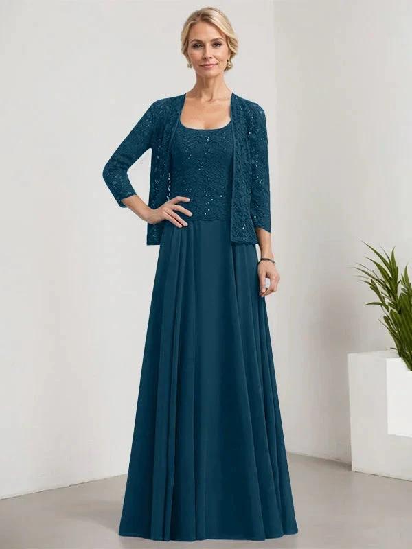 A-line Square Floor-Length Lace Chiffon Mother of the Bride Dress With Sequins by Dreamylily