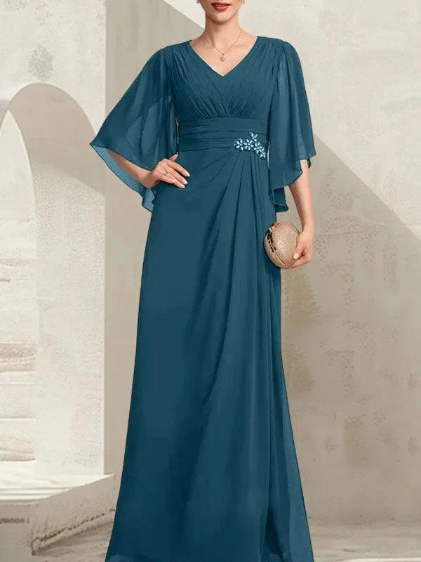 Sheath/Column V-Neck Floor-Length Chiffon Mother of the Bride Dress With Pleated Sequins Beading by Dreamylily