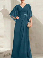 Sheath/Column V-Neck Floor-Length Chiffon Mother of the Bride Dress With Pleated Sequins Beading by Dreamylily