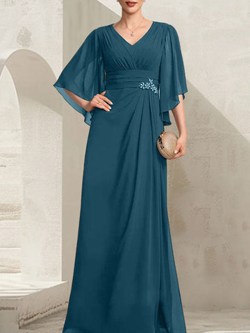 Vestido de gasa para madre de la novia, con escote en V, largo hasta el suelo, con lentejuelas plisadas y abalorios