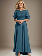 A-line Scoop Illusion Asymmetrical Chiffon Lace Mother of the Bride Dress With Beading by Dreamylily