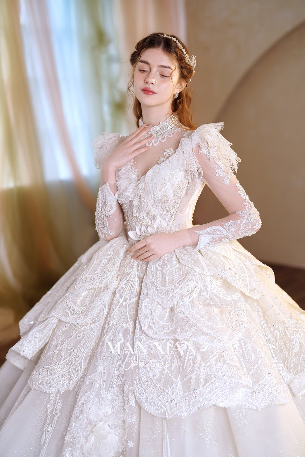 Regal Ivory High-Neck Lace Ball Gown with Sheer Sleeves, Ruffled Details & Crystal Embroidery A006