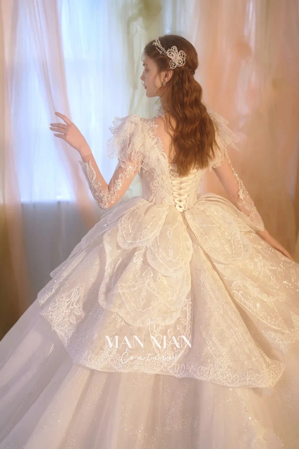 Regal Ivory High-Neck Lace Ball Gown with Sheer Sleeves, Ruffled Details &amp; Crystal Embroidery A006 by ZAPDRESS