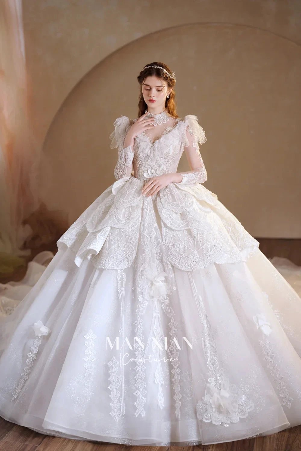 Regal Ivory High-Neck Lace Ball Gown with Sheer Sleeves, Ruffled Details & Crystal Embroidery A006 by ZAPDRESS