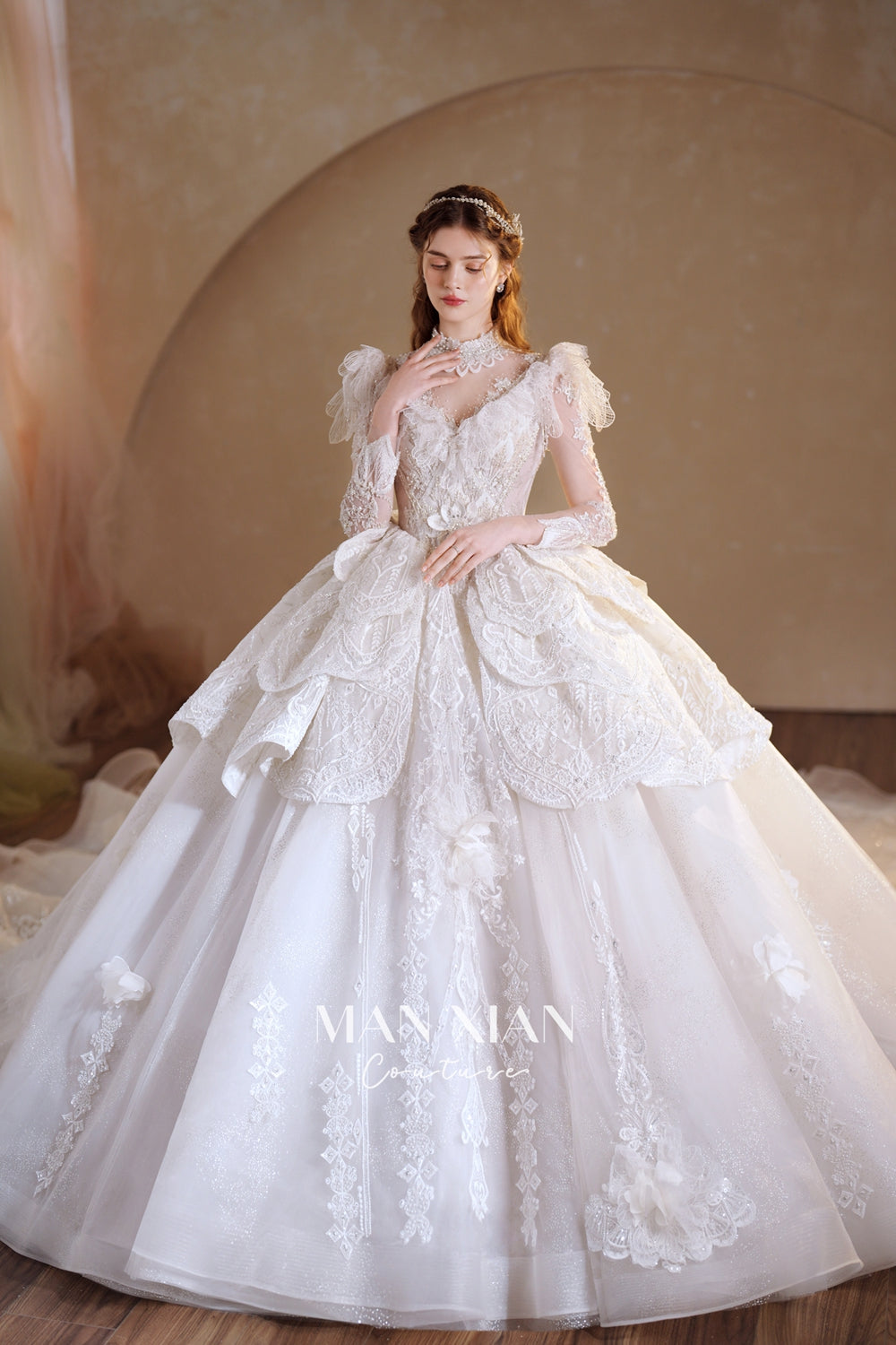 Regal Ivory High-Neck Lace Ball Gown with Sheer Sleeves, Ruffled Details & Crystal Embroidery A006