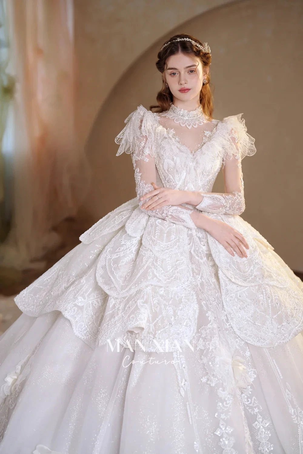 Regal Ivory High-Neck Lace Ball Gown with Sheer Sleeves, Ruffled Details &amp; Crystal Embroidery A006 by ZAPDRESS