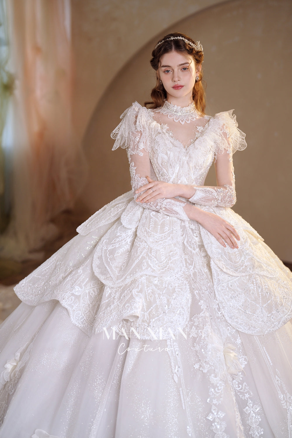 Regal Ivory High-Neck Lace Ball Gown with Sheer Sleeves, Ruffled Details & Crystal Embroidery A006