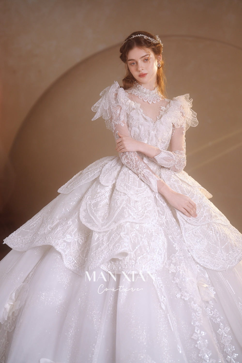 Regal Ivory High-Neck Lace Ball Gown with Sheer Sleeves, Ruffled Details & Crystal Embroidery A006