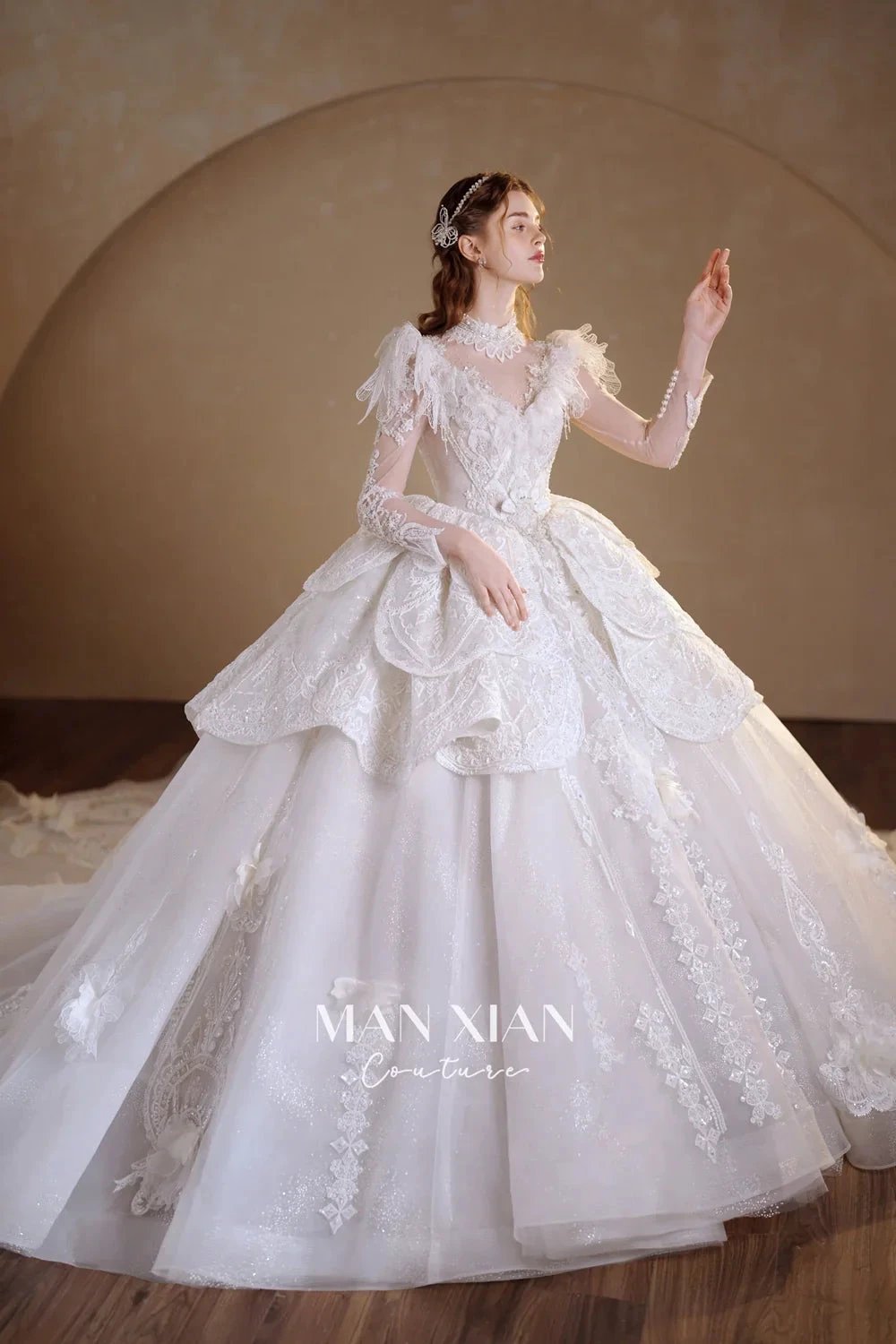 Regal Ivory High-Neck Lace Ball Gown with Sheer Sleeves, Ruffled Details &amp; Crystal Embroidery A006 by ZAPDRESS