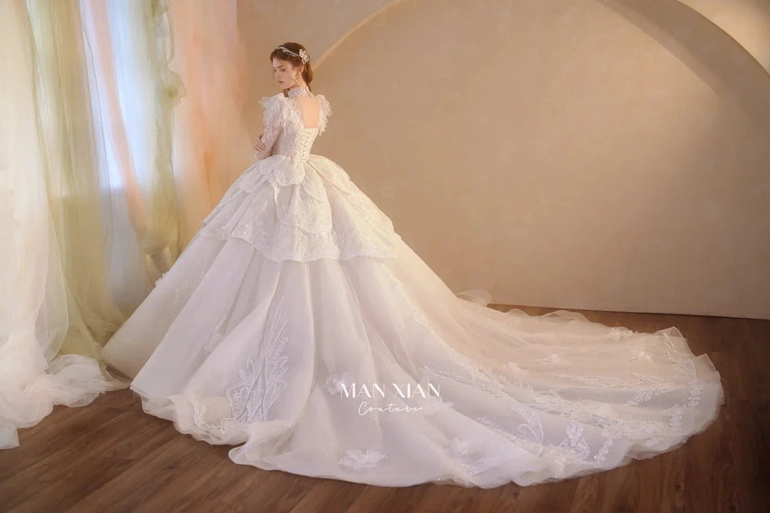 Regal Ivory High-Neck Lace Ball Gown with Sheer Sleeves, Ruffled Details &amp; Crystal Embroidery A006 by ZAPDRESS