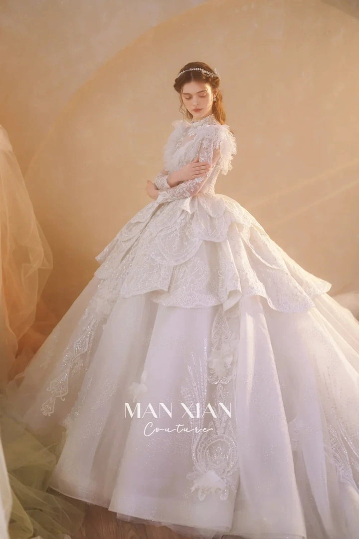 Regal Ivory High-Neck Lace Ball Gown with Sheer Sleeves, Ruffled Details &amp; Crystal Embroidery A006 by ZAPDRESS