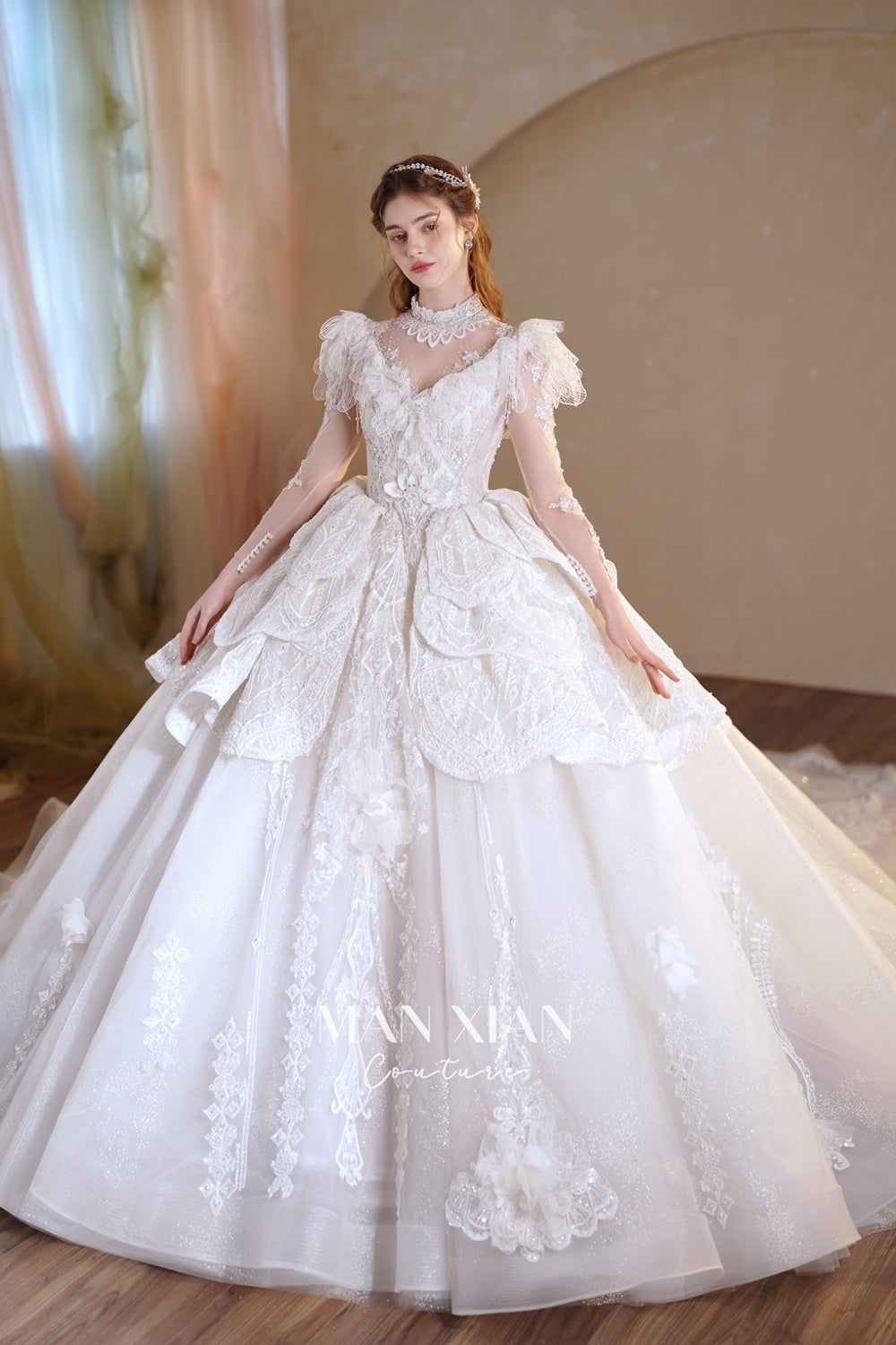 Regal Ivory High-Neck Lace Ball Gown with Sheer Sleeves, Ruffled Details & Crystal Embroidery A006