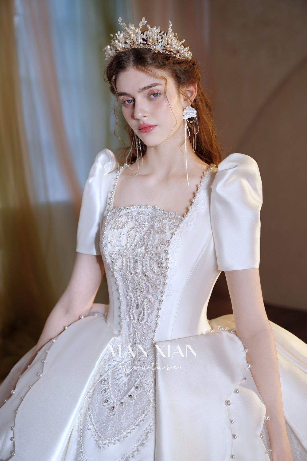 Regal Ivory Square-Neck Satin Ball Gown with Puff Sleeves, Pearl Embroidery & Oversized Bow Train m011