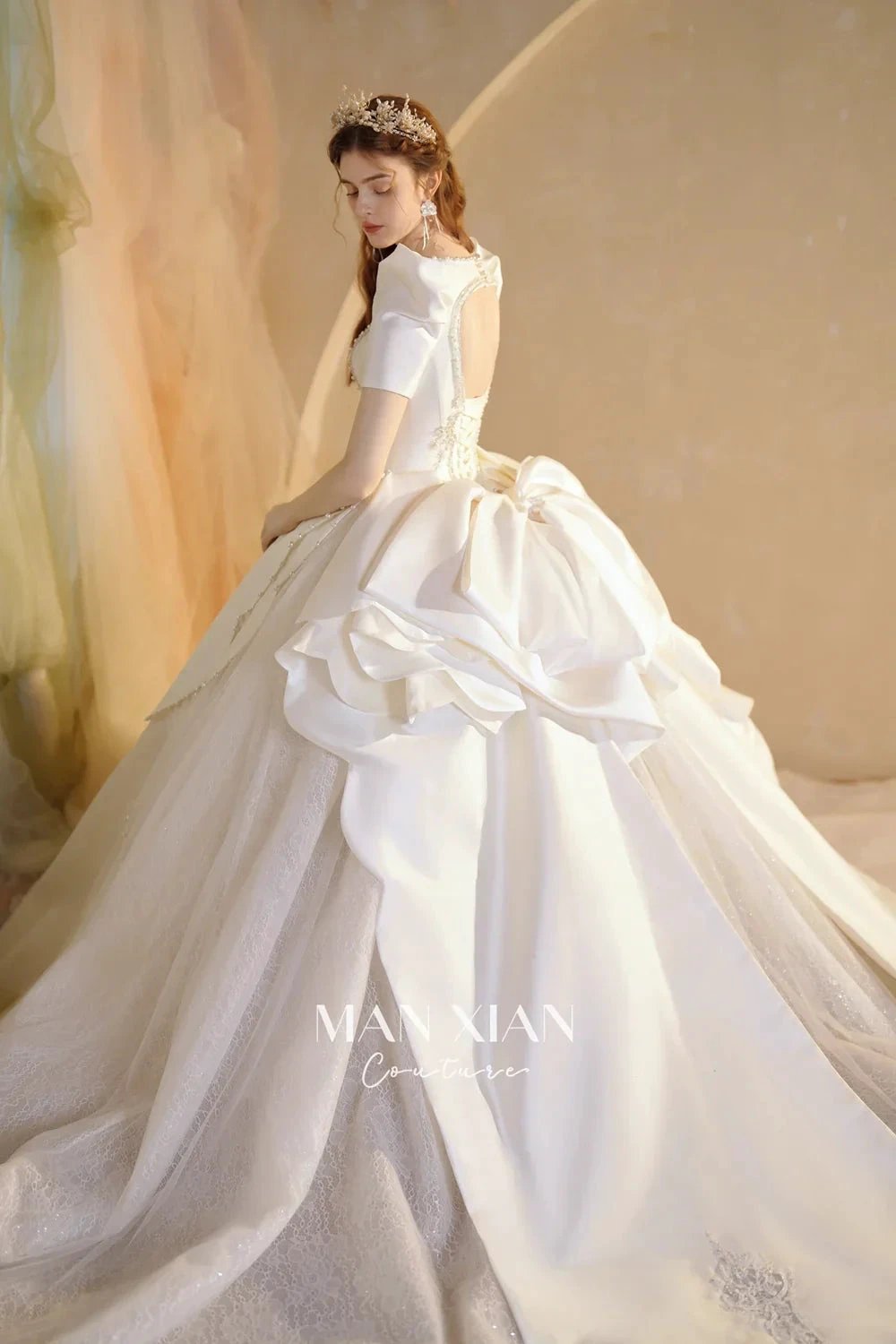 Regal Ivory Square-Neck Satin Ball Gown with Puff Sleeves, Pearl Embroidery &amp; Oversized Bow Train m011 by ZAPDRESS