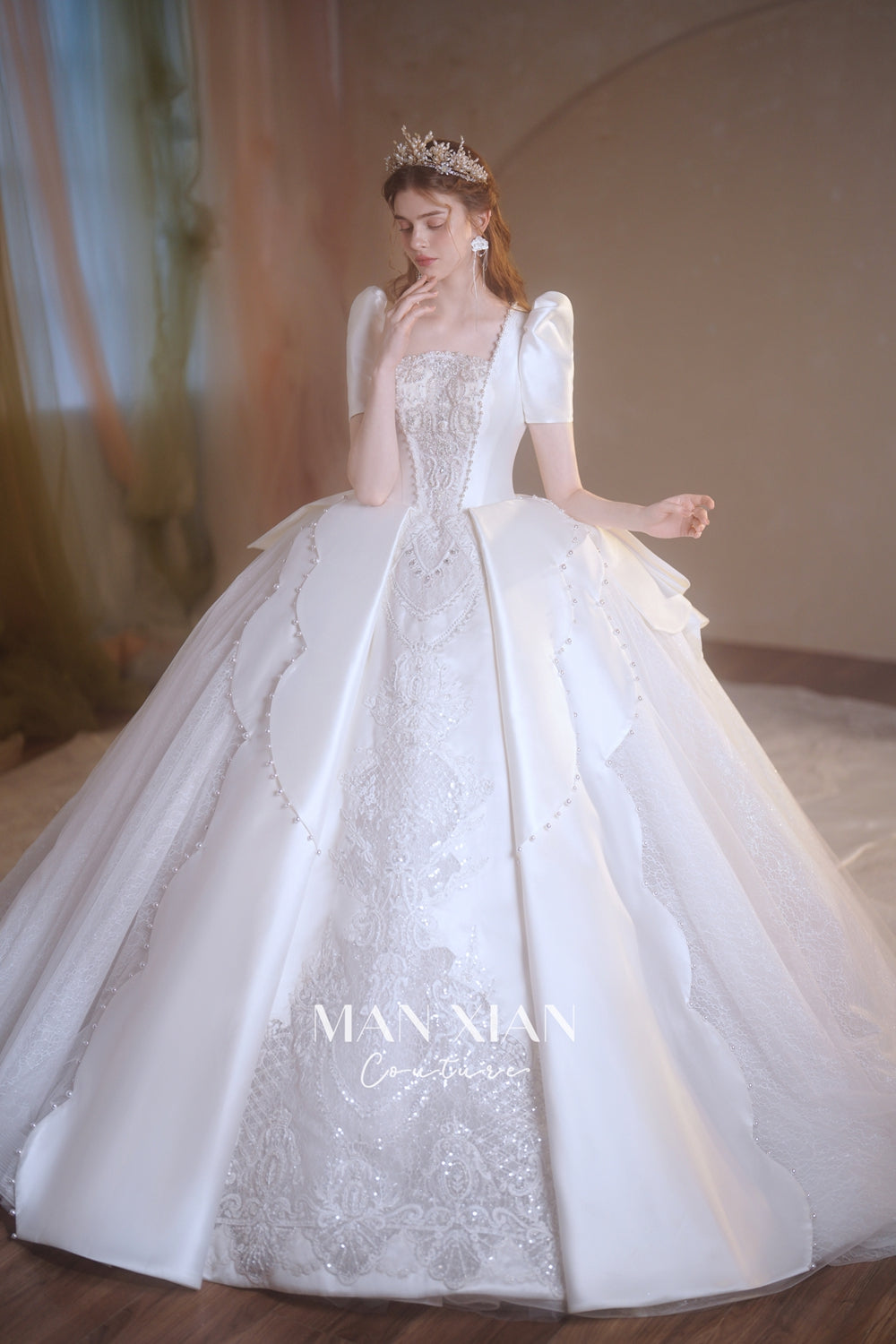 Regal Ivory Square-Neck Satin Ball Gown with Puff Sleeves, Pearl Embroidery & Oversized Bow Train m011