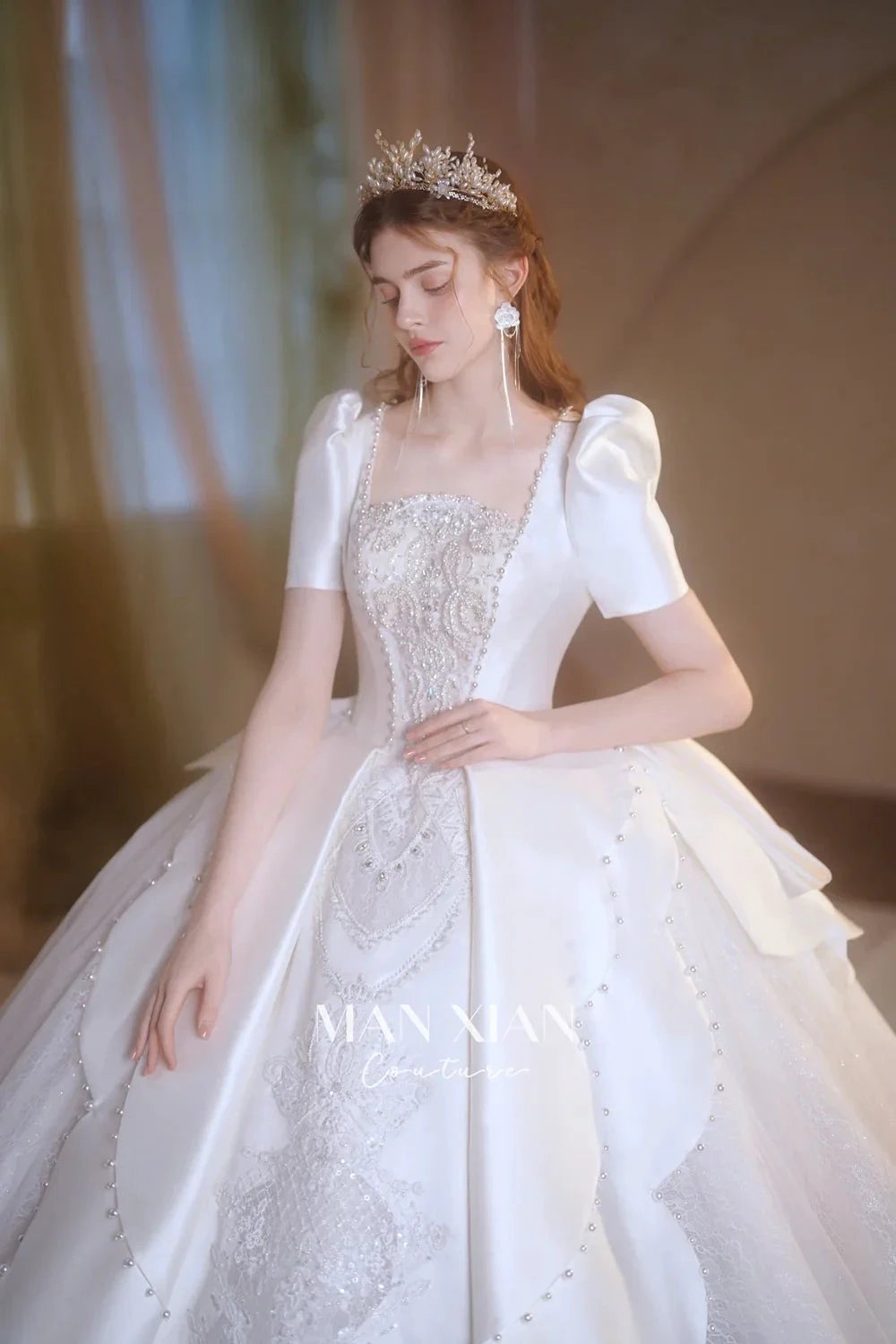 Regal Ivory Square-Neck Satin Ball Gown with Puff Sleeves, Pearl Embroidery & Oversized Bow Train m011 by ZAPDRESS
