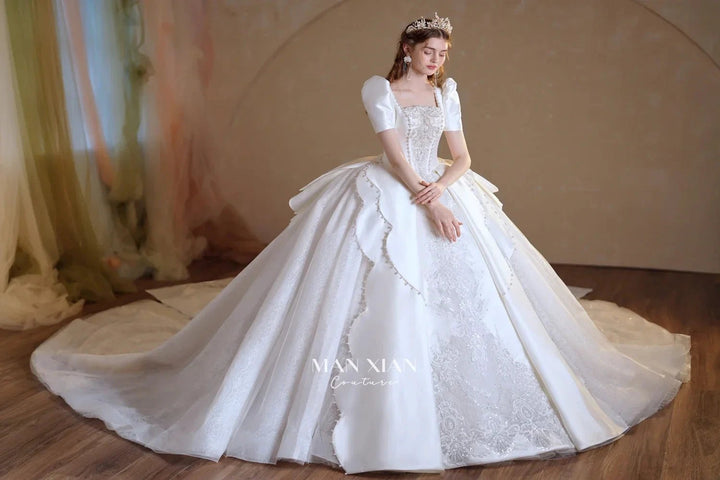 Regal Ivory Square-Neck Satin Ball Gown with Puff Sleeves, Pearl Embroidery &amp; Oversized Bow Train m011 by ZAPDRESS
