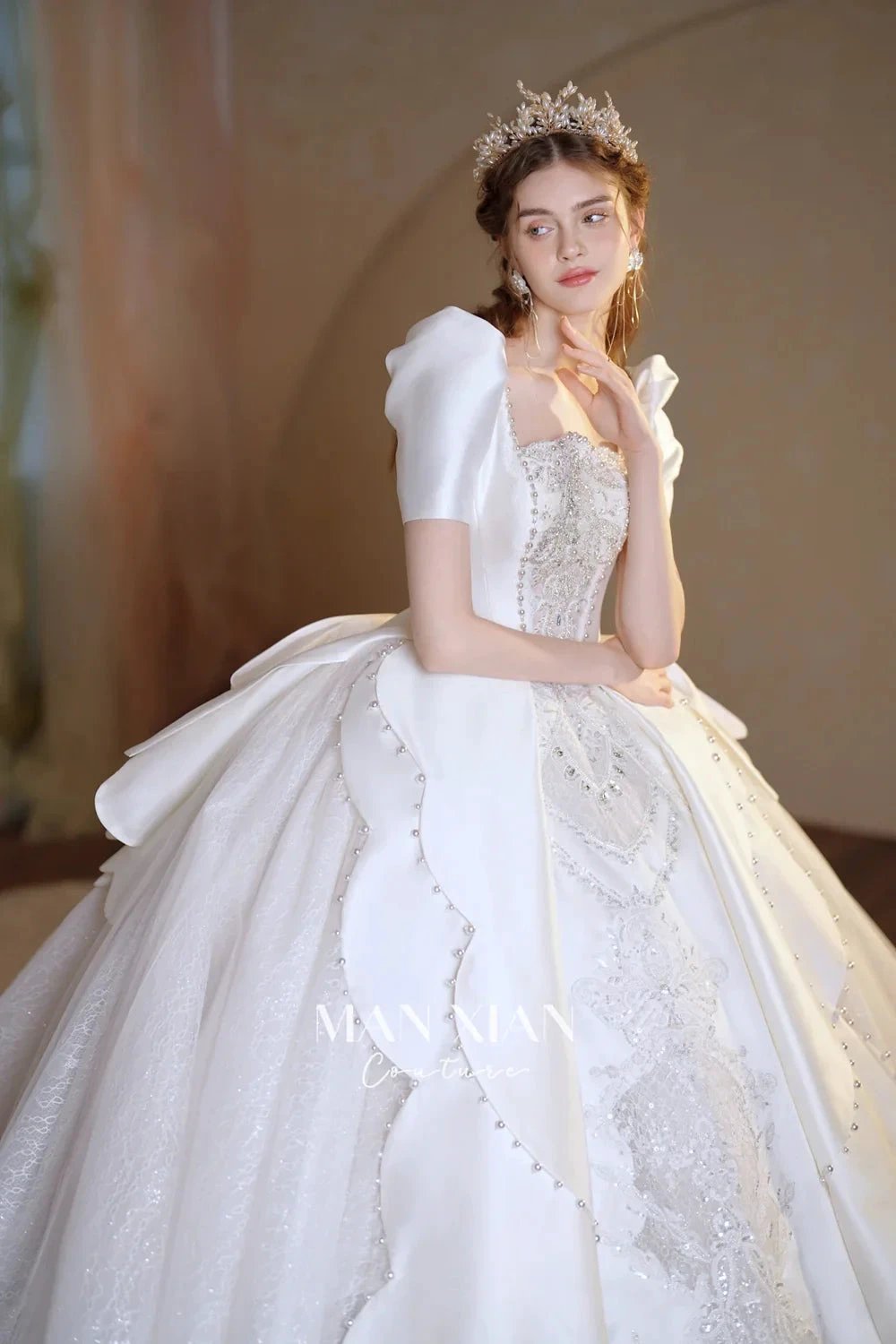 Regal Ivory Square-Neck Satin Ball Gown with Puff Sleeves, Pearl Embroidery &amp; Oversized Bow Train m011 by ZAPDRESS