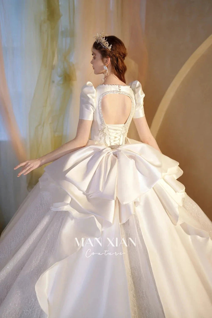 Regal Ivory Square-Neck Satin Ball Gown with Puff Sleeves, Pearl Embroidery &amp; Oversized Bow Train m011 by ZAPDRESS