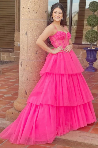 Vestido de fiesta largo con corsé bordado con lentejuelas y volantes escalonados