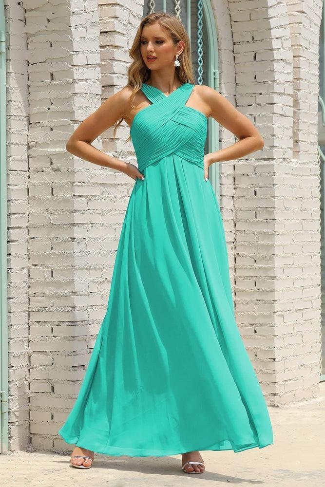 Vestido de dama de honor de gasa con cuello halter para mujer de Numbersea, corte A, largo, formal, para fiesta de graduación, SEA28015 