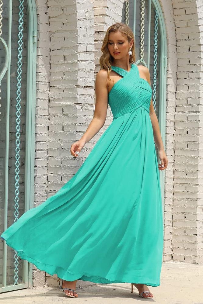 Vestido de dama de honor de gasa con cuello halter para mujer de Numbersea, corte A, largo, formal, para fiesta de graduación, SEA28015 