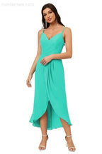 Numbersea Spaghetti Chiffon V Neck Bridesmaid Dress Mid-Length Slit Formal Prom Dress Homecoming Dress 2803 by numbersea