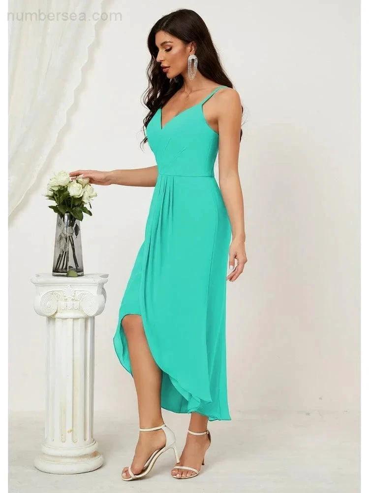 Numbersea Spaghetti Chiffon V Neck Bridesmaid Dress Mid-Length Slit Formal Prom Dress Homecoming Dress 2803 by numbersea
