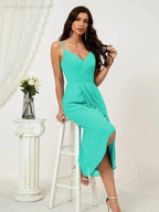 Numbersea Spaghetti Chiffon V Neck Bridesmaid Dress Mid-Length Slit Formal Prom Dress Homecoming Dress 2803 by numbersea