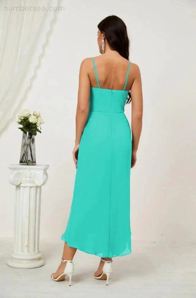 Numbersea Spaghetti Chiffon V Neck Bridesmaid Dress Mid-Length Slit Formal Prom Dress Homecoming Dress 2803 by numbersea