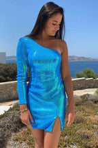 Blue Sequin Homecoming Dress One Sleeve Short Homecoming Dress SYH21 by vivymakudress