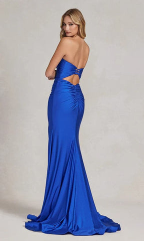 Vestido de fiesta azul rey con escote en forma de corazón largo y ajustado, sin tirantes, SYP50