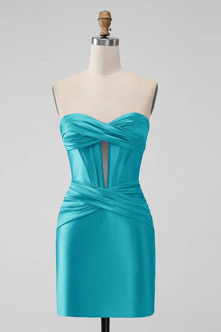 Tight Strapless Keyhole Satin Turquoise Homecoming Dress PD535