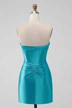 Tight Strapless Keyhole Satin Turquoise Homecoming Dress PD535 by pgmdress
