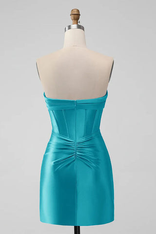 Tight Strapless Keyhole Satin Turquoise Homecoming Dress PD535