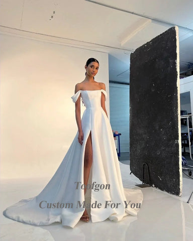 Simple A Line Satin Bride Wedding Dresses Strapless High Split Bridal Dress Women Formal Special Party Bridal Gowns