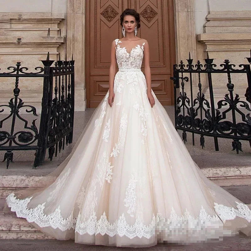 Transparent Champagne Bride with Removable Pearl Belt Sleeveless Bare Back Lace2023 Series wedding dress by payinti
