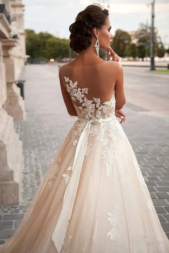 Transparent Champagne Bride with Removable Pearl Belt Sleeveless Bare Back Lace2023 Series wedding dress by payinti
