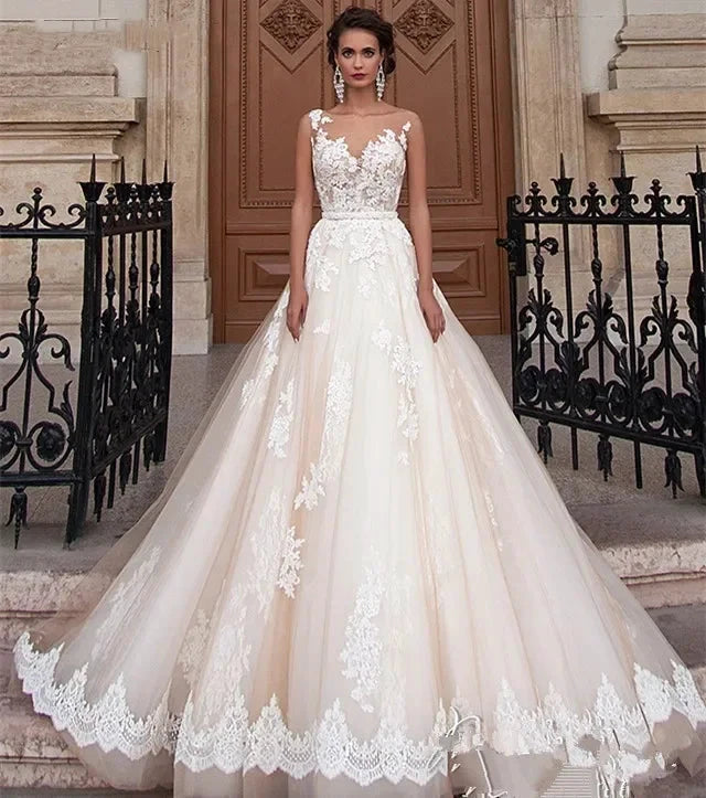 Transparent Champagne Bride with Removable Pearl Belt Sleeveless Bare Back Lace2023 Series wedding dress by payinti