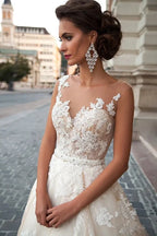Transparent Champagne Bride with Removable Pearl Belt Sleeveless Bare Back Lace2023 Series wedding dress by payinti