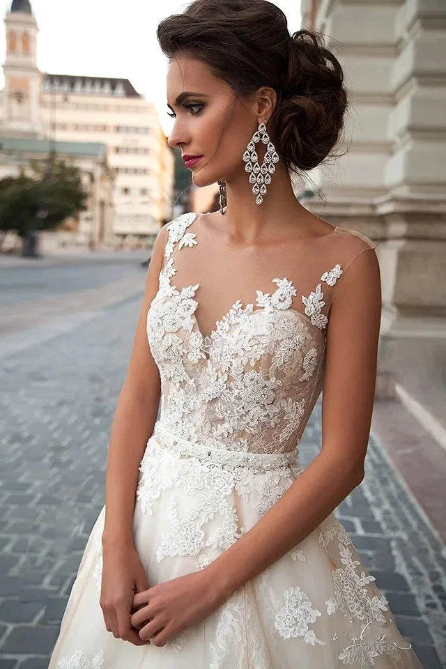 Transparent Champagne Bride with Removable Pearl Belt Sleeveless Bare Back Lace2023 Series wedding dress by payinti