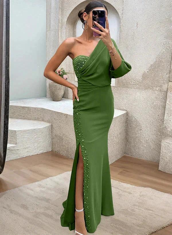Trumpet/Mermaid One-Shoulder Mother of the Bride Dresses with Split Side & Beading by Dreamylily