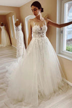 Tulle A-line Sheer Neck Beach Wedding Dress With Lace Appliques WD667 by pgmdress