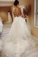 Tulle A-line Sheer Neck Beach Wedding Dress With Lace Appliques WD667 by pgmdress