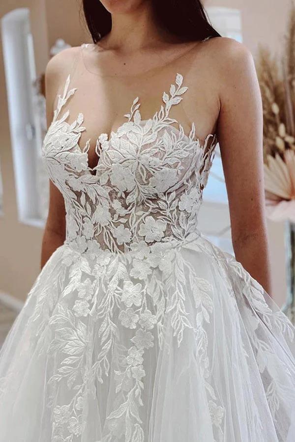 Tulle A-line Sheer Neck Beach Wedding Dress With Lace Appliques WD667 by pgmdress
