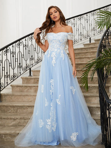 Vestidos de fiesta con apliques de tul y hombros descubiertos SYP165